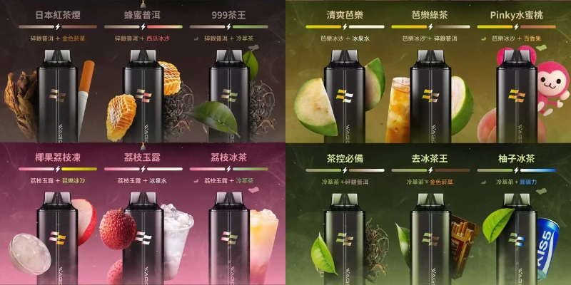 【碎銀普洱、芭樂冰沙、荔枝玉露、冷翠茶的組合推薦】哇酷WAGOO & KIS5 6500口一次性電子菸_磁吸式雙芯雙倉自由拼接 享雙味混搭拋棄式小煙