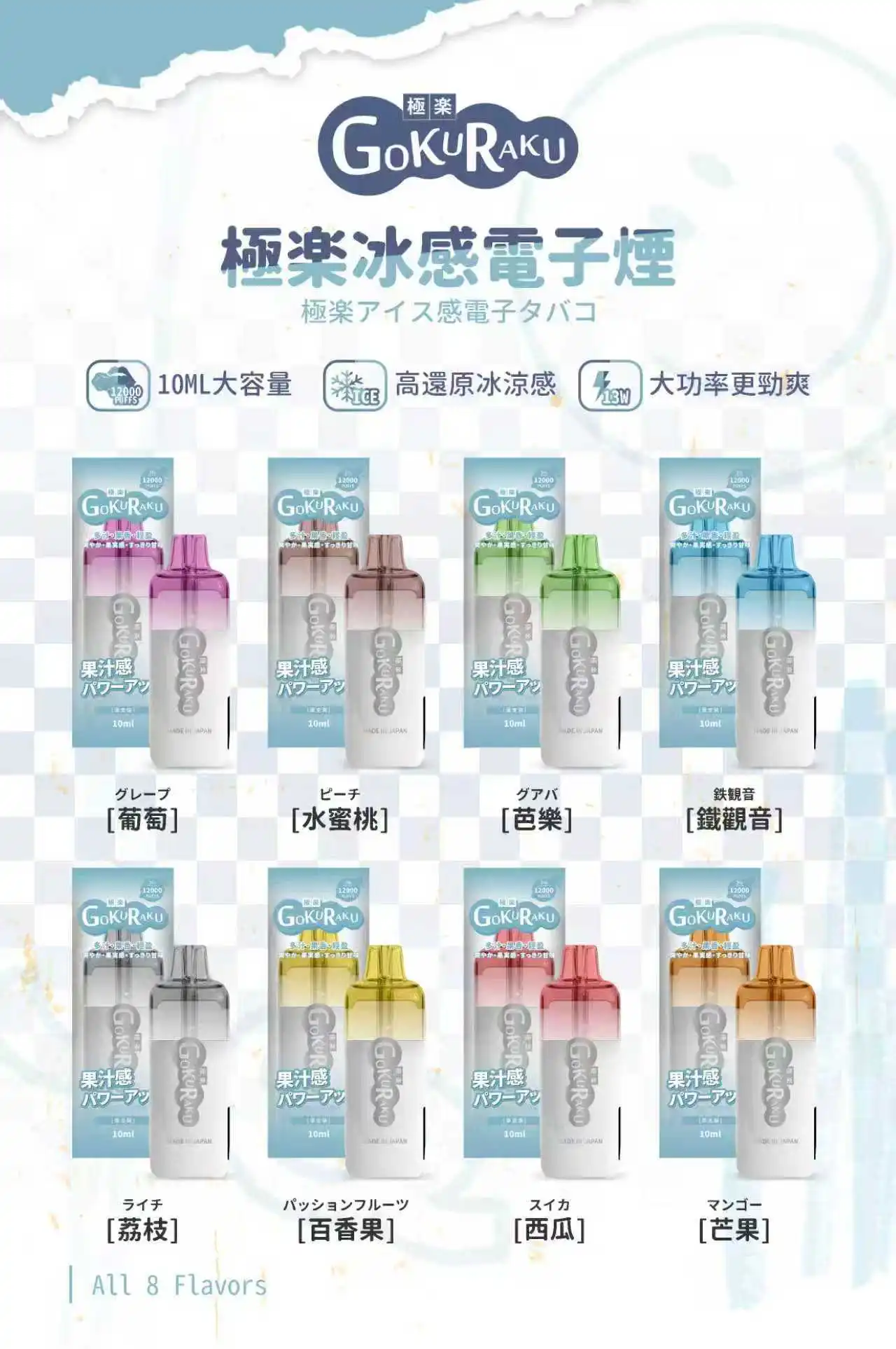 [8種口味任選]極樂GOKURAKU 12000口 冰感一次性電子菸-10ml超大容量、13W大功率高CP值拋棄式電子煙